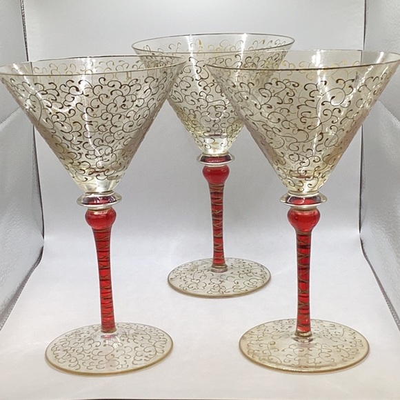 Rioja Pier 1 Imports Ruby Red Gold Scroll crystal martini glasses - Picture 4 of 5